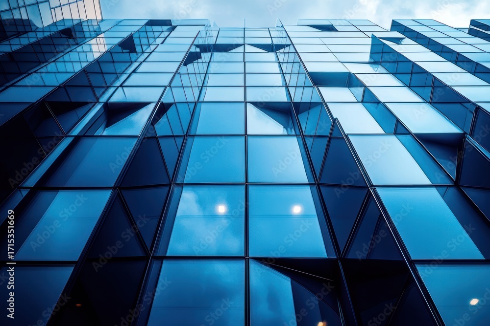 Obraz premium Modern glass skyscraper with reflective blue windows and geometric pattern under a cloudy sky