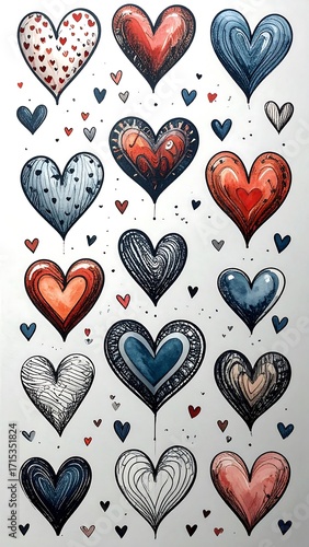 A vertical arrangement of many hearts in various colors and patterns