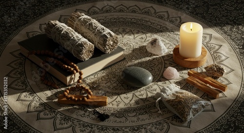 Sacred Ritual Altar with Sage, Crystals, and Candle for Meditation and Healing