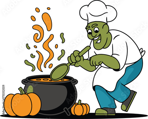 Green chef stirring cauldron with pumpkins and bubbling soup