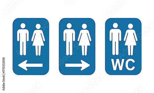 Three Blue Restroom Signs with Male and Female Figures and Arrows on White Background