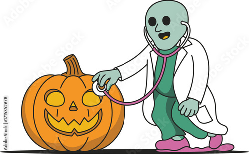 Cartoon doctor with stethoscope examines Halloween pumpkin
