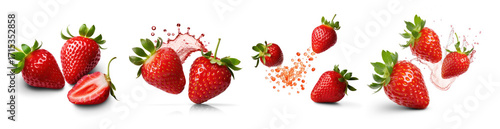 Three strawberries with splashes of juice against a transparent background