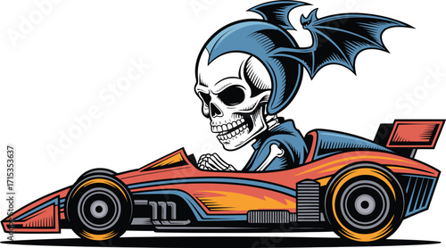 Skeleton in race car with bat wings helmet skull racing