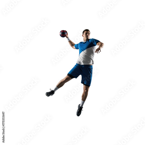 Handball player jumping with ball on black background sport athlete isolated on a transparent background