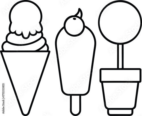 Three black line drawings of frozen treats and a plant ice cream cone popsicle