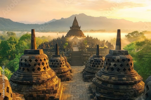 Ancient stone temple surrounded by large stupas at sunrise with misty forest and mountains in the background