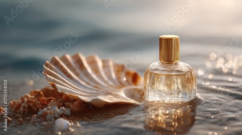 Fototapeta Naklejka Na Ścianę i Meble -  Elegant perfume bottle and seashell on a sandy beach by the sea at sunset with a golden hue and bokeh effect