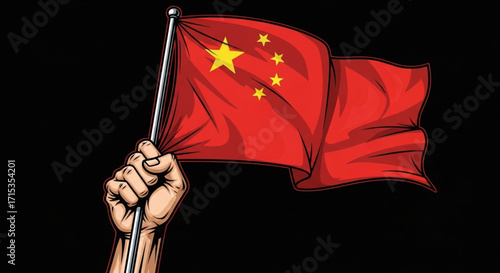 A clenched fist holds the flag of china, waving proudly against a stark black background, symbolizing national pride and identity