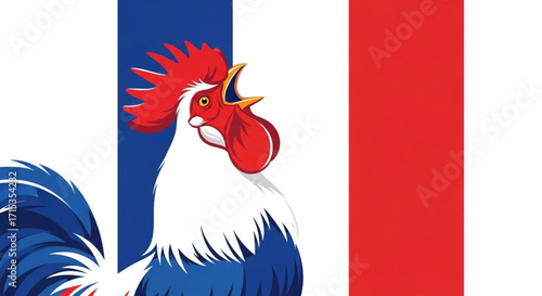 A proud rooster with a vibrant red comb and blue tail feathers stands in front of the french flag, symbolizing national pride and heritage