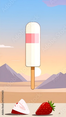 A vibrant illustration of a pink and white popsicle in a desert landscape