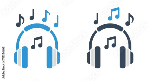 Two pairs of headphones, one blue and one dark gray, with musical notes floating around them, representing music and sound