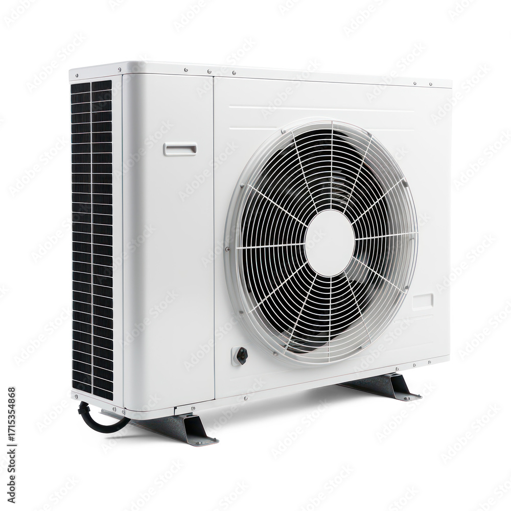 Fototapeta premium A white air conditioner unit with a black fan on a transparent background