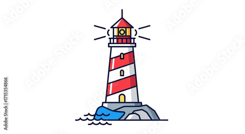 A classic red and white striped lighthouse standing tall on a rocky shore with waves crashing against it, emitting light beams, isolated on white background