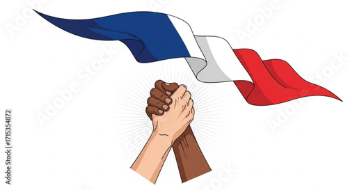 Two hands of different skin tones shaking in agreement, with the french flag waving above, isolated on white background