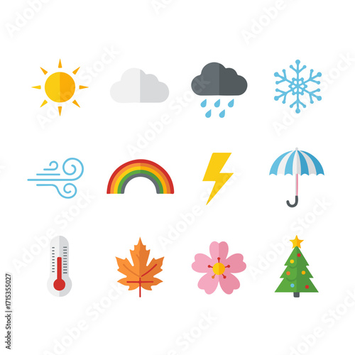 PrintCollection of weather and season icons including sun, cloud, rain, snowflake, thunder, umbrella, leaf, tree, and temperature symbols