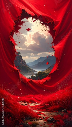 A vibrant red curtain reveals a serene landscape