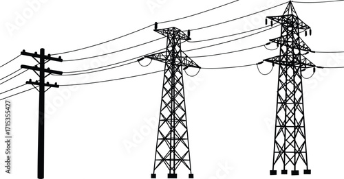 High voltage electricity transmission towers with utility pole, power lines, energy distribution, electric grid, infrastructure, silhouette, industrial network, black vector illustration