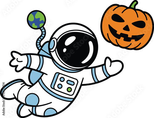 Astronaut floating with Earth and Jack O Lantern space