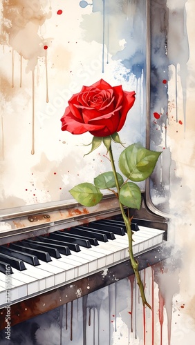 A vibrant red rose sits atop a weathered grand piano