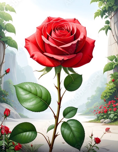 A vibrant red rose, surrounded by foliage and a landscape