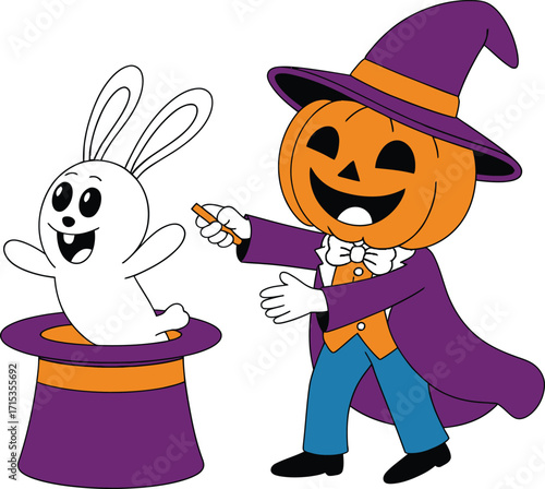 Cartoon pumpkin magician pulling rabbit from hat halloween