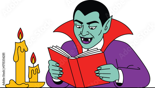 Cartoon vampire reading a book by candlelight vector