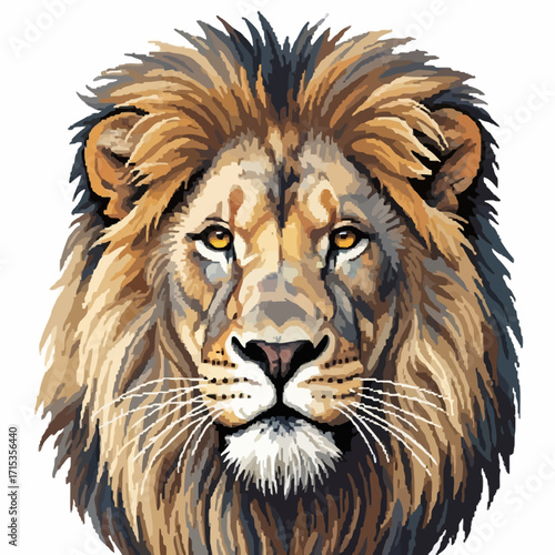 Majestic lion head portrait with detailed mane and whiskers in a digital vector art style
