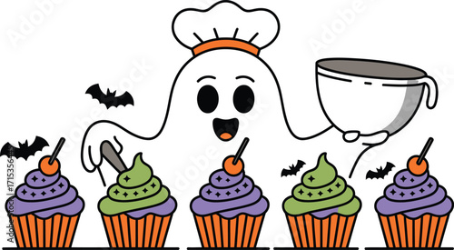 Cartoon ghost chef with cupcakes and bats vector