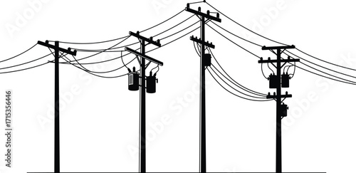 Silhouette utility poles with power lines, electricity distribution, energy grid, electrical infrastructure, transformers, high voltage cables, urban network, black vector illustration