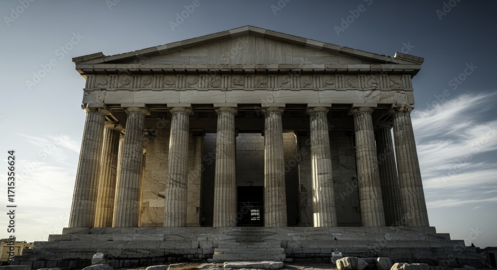 Naklejka premium Majestic Temple of Hephaestus in Athens Bathed in Golden Hour Light, Showcasing Ancient Greek Doric Architecture and Detailed Marble Frieze Against a Serene Sky