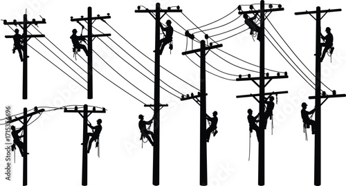Silhouette linemen climbing utility poles, working on electrical power lines, repairing energy cables, electricity maintenance, safety harness, teamwork, professional workers