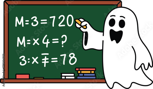 Cartoon ghost teaching math on a green chalkboard education