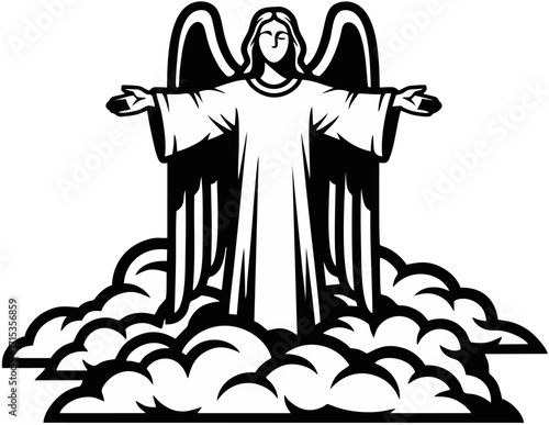 Group of angels on clouds line art