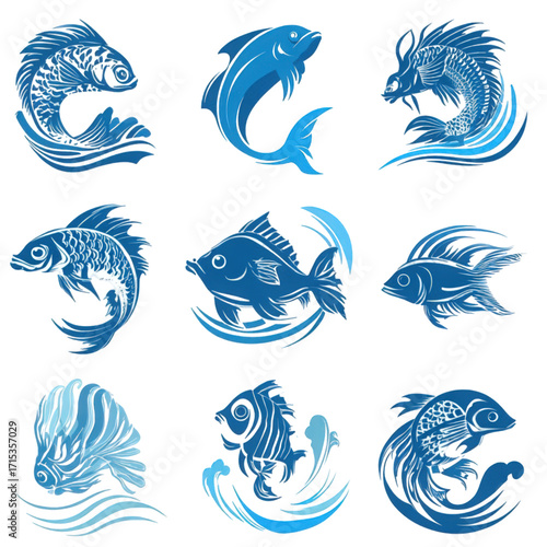 Collection of blue stylized fish icons and logos.