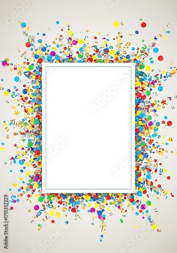 Bright confetti explosion frames a pristine white template, perfect for party invitations, festive announcements, or greeting cards