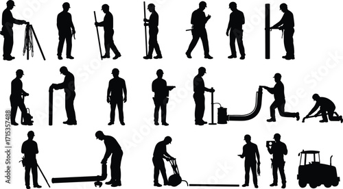 Silhouette illustration of construction workers with tools, building equipment, heavy machinery, labor workforce, industrial engineering, teamwork, infrastructure development, occupational safety