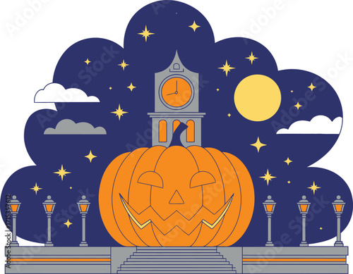 Jack O Lantern clock tower night sky with moon and stars
