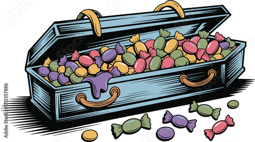 Blue coffin overflowing with colorful wrapped candies