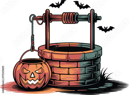 Halloween pumpkin bucket hanging from a well with bats