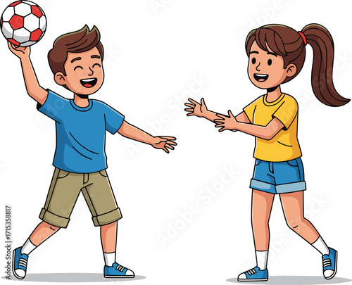 Cartoon children playing ball game, happy boy throwing ball to smiling girl, outdoor fun activity, teamwork, sports, childhood exercise vector illustration