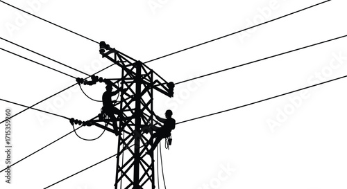 Silhouette of electrical workers on high voltage power line tower, electricity maintenance, energy safety, utility pole repair, industrial engineering illustration