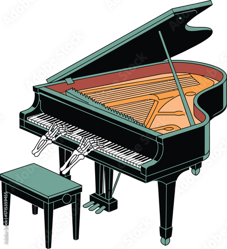 Skeleton hands playing a black grand piano with teal accents