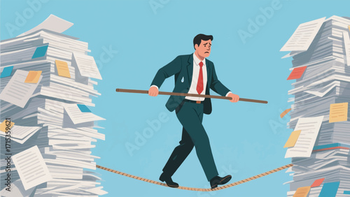 Illustration Of A Worker Walking On A Tightrope Containing A Very High Pile Of Paper Vector Design Template
