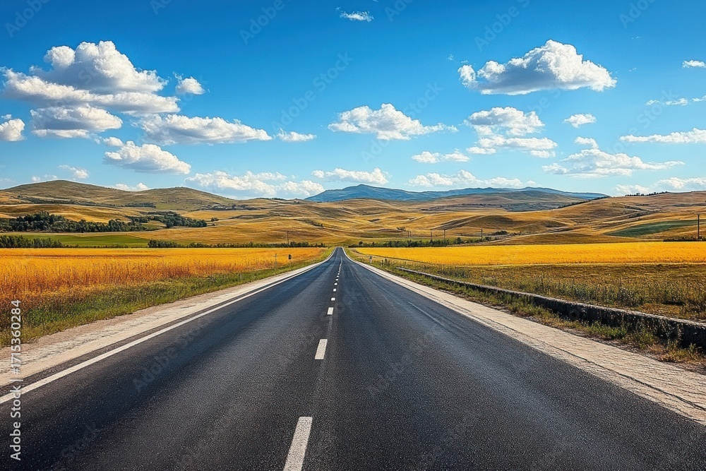 Fototapeta premium Long empty asphalt road stretching into golden fields and rolling hills under a bright blue sky with scattered white clouds, evoking calm and openness