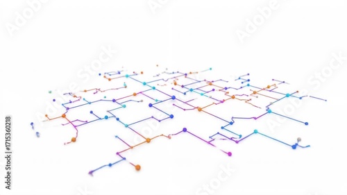 Dynamic abstract visualization featuring a network of interconnected spheres and lines, rendered in a gradient of blue, purple, and orange, on a clean white background with subtle lighting.