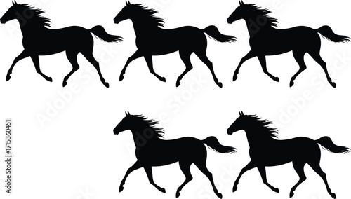 Silhouette of running horses, black horse illustration, galloping stallions clipart, wild horse art, equine movement vector graphic