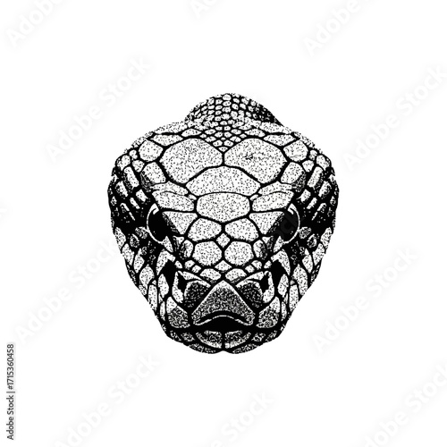 Intricate dotwork illustration of a venomous viper head in a symmetrical front view