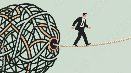 Illustration Of A Man In A Suit Walking On A Tightrope Vector Design Template