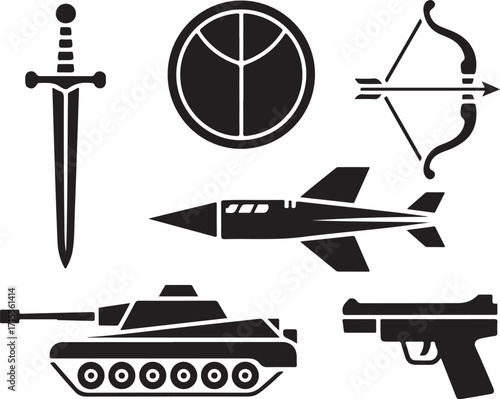 Diverse weaponry and vehicles icons for conflict themes